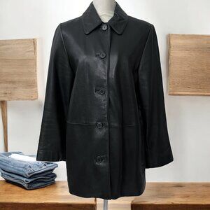 Vintage Liz Claiborne Long Black Leather Matrix Button Up Trench Coat Size M